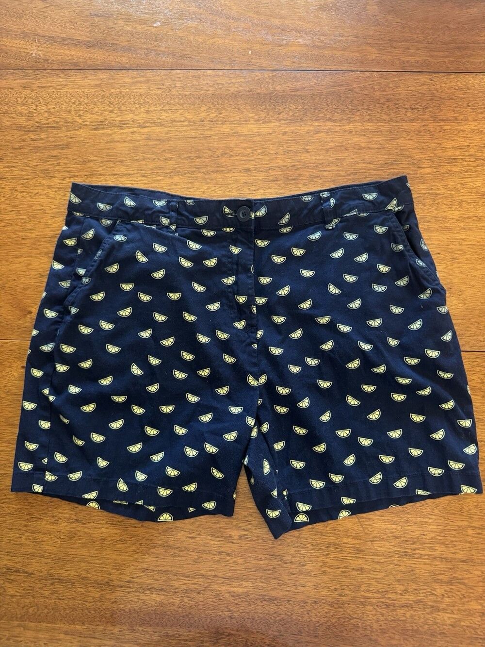 Caribbean Joe Womens Shorts Size 14 Navy Citrus Lemon Lime Print Cotton Stretch